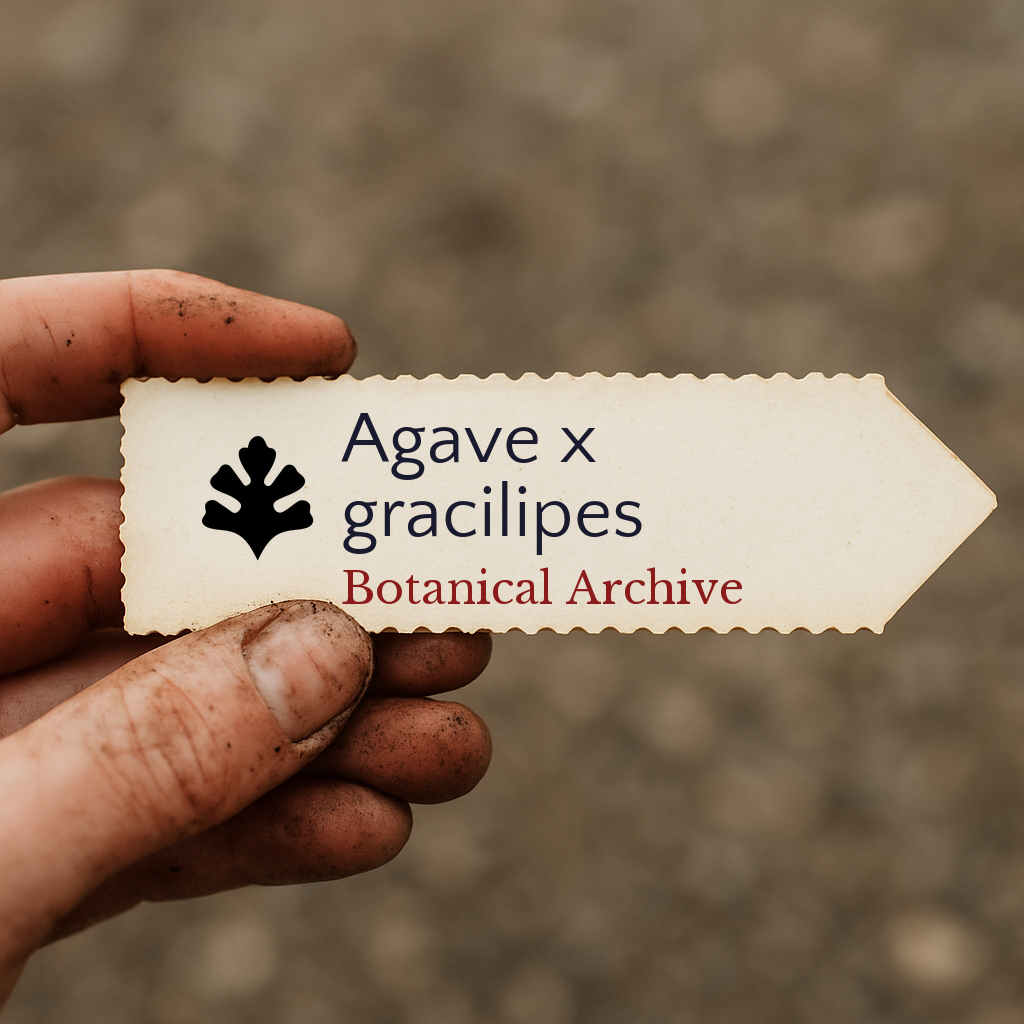 Etichetta della pianta per Agave x gracilipes con testo Botanical Archive tenuta da mano sporca