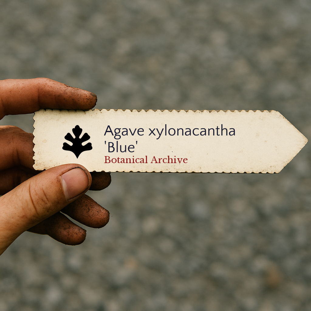 Printed plant label for Agave xylonacantha 'Blue' held by dirty hand outdoors