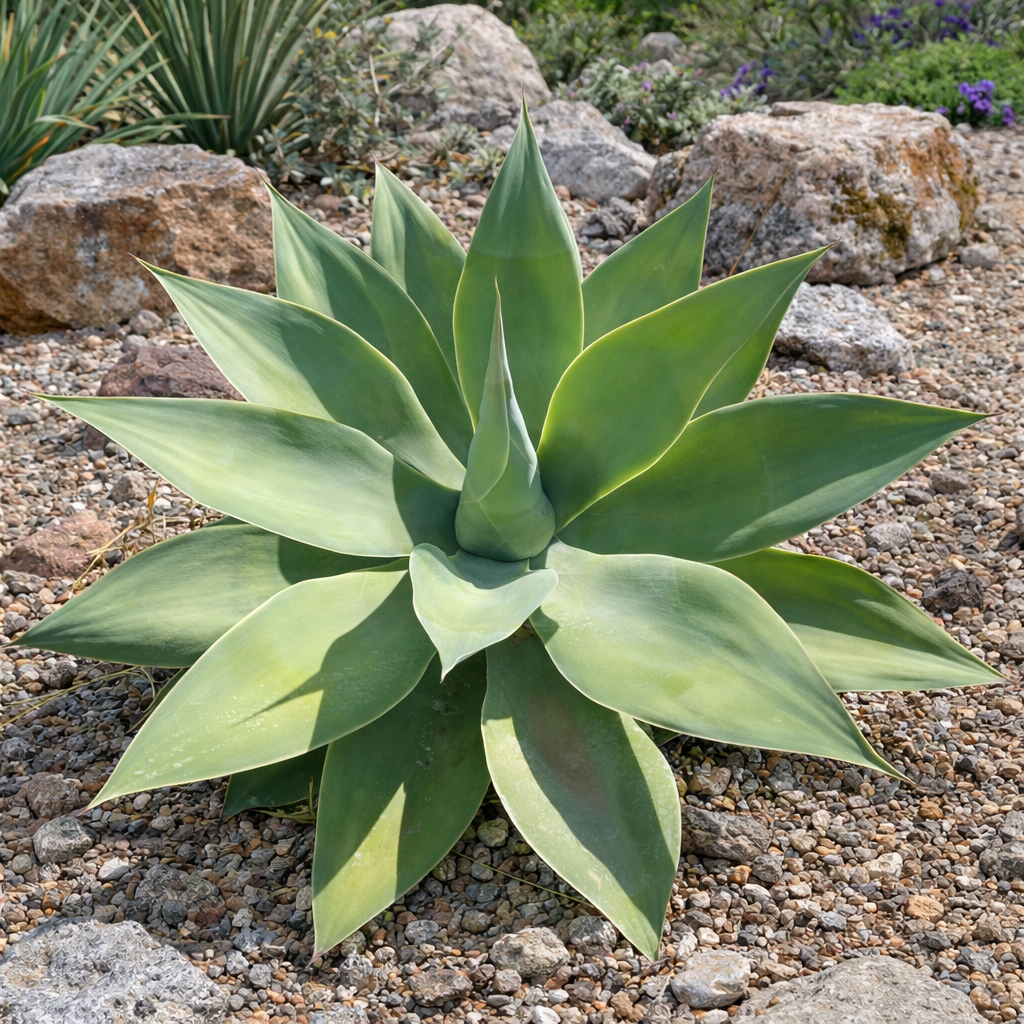 Agave cernua succulent with broad green leaves growing in rocky garden bed