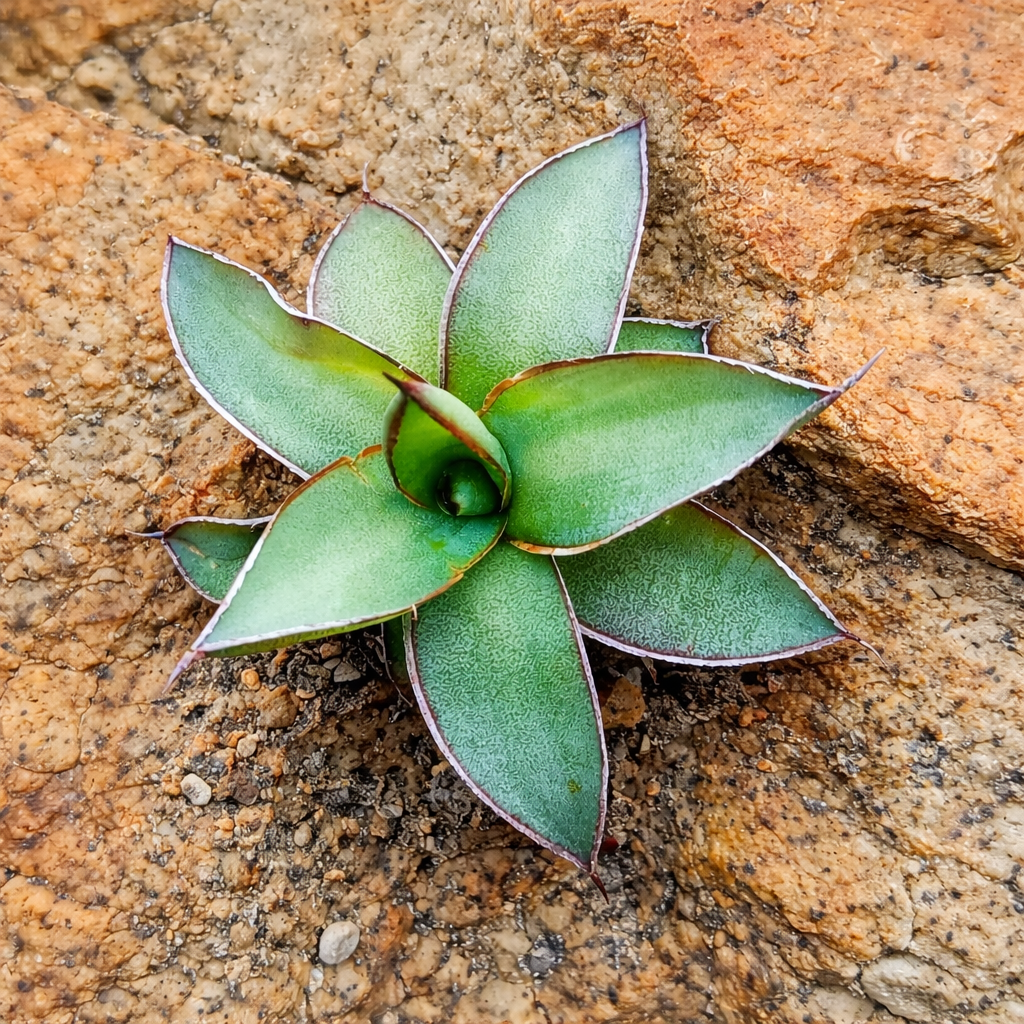 Agave colimana succulent rosette with pointed green leaves and reddish edges on rocky soil