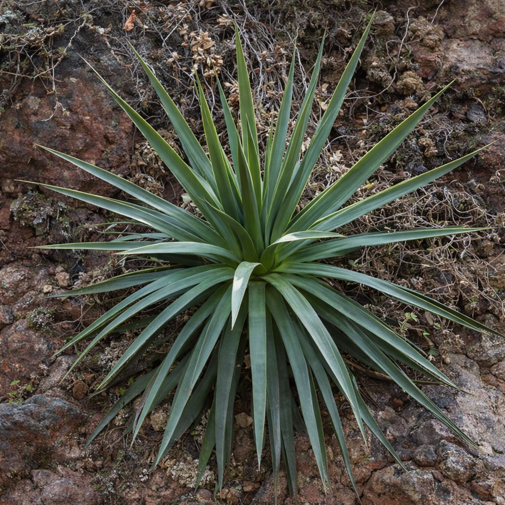Agave dasylirioides succulent with long narrow blue-green leaves and pointed tips growing on rocky soil