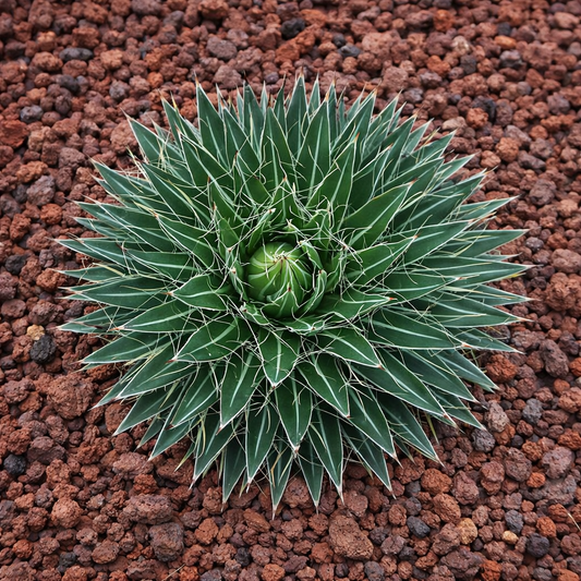 Agave filifera succulent rosette with white-edged spiny leaves on volcanic rock soil