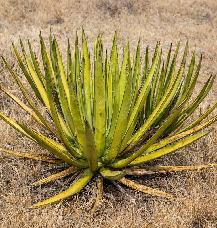 Agave lechuguilla succulent rosette with long pointed green leaves in dry landscape