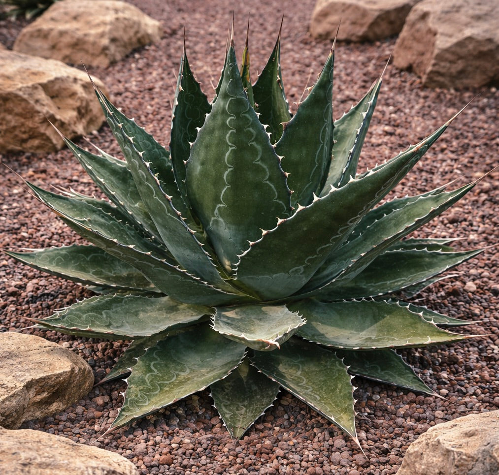 Agave montana succulent with thick spiny leaves and wavy margins in rocky soil