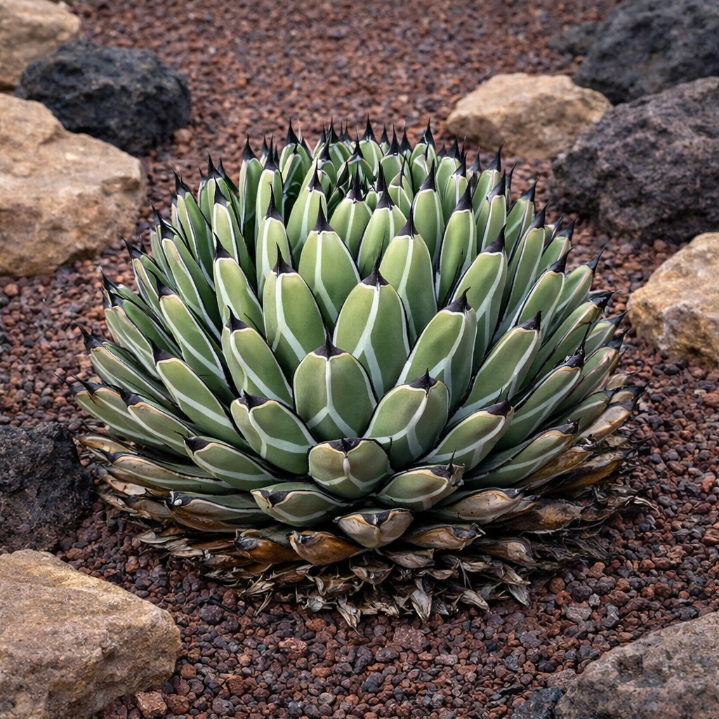 Agave nickelsiae succulent rosette with pointed leaves and dark spines on volcanic gravel
