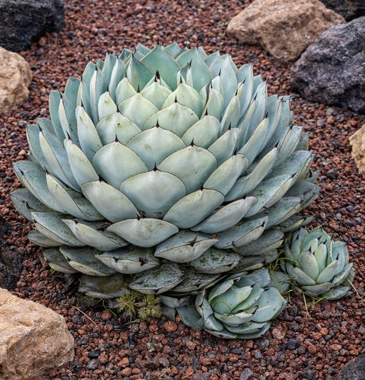 Rosetta di Agave parryi succulenta con foglie spesse grigio-blu e punte affilate su terreno roccioso
