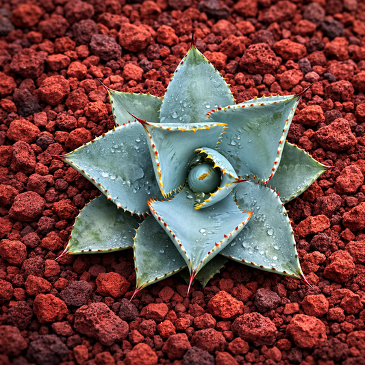 Succulenta Agave pygmaea con foglie blu-grigie e spine rosse su roccia vulcanica rossa