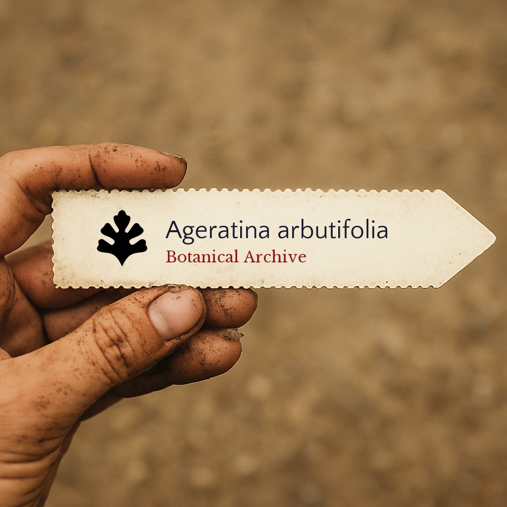 Etichetta per pianta stampata per Ageratina arbutifolia tenuta da mano sporca con sfondo di terreno sfocato