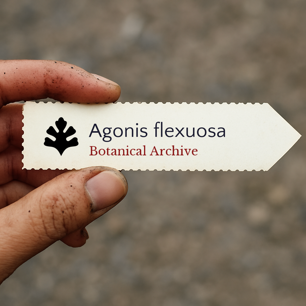 Printed plant label for Agonis flexuosa with botanical archive logo held by dirty hand