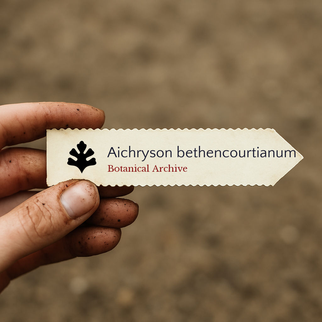 Printed plant label for Aichryson bethencourtianum held by hand with soil background