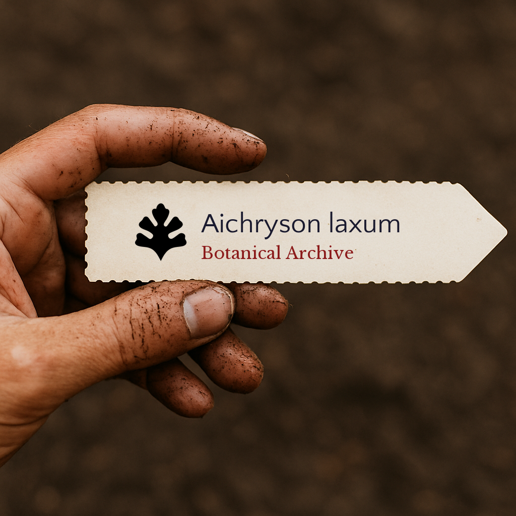 Printed plant label for Aichryson laxum held by dirty hand over soil background