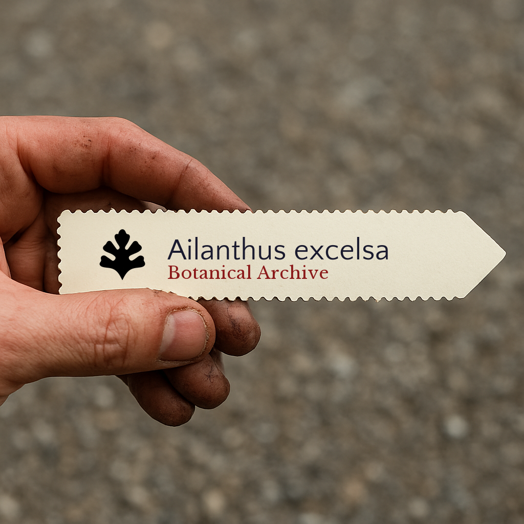 Etichetta per pianta stampata di Ailanthus excelsa tenuta a mano con sfondo di terra