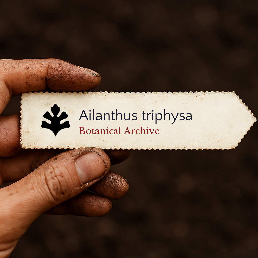 Etichetta per pianta stampata per Ailanthus triphysa tenuta da mano sporca su sfondo di terreno
