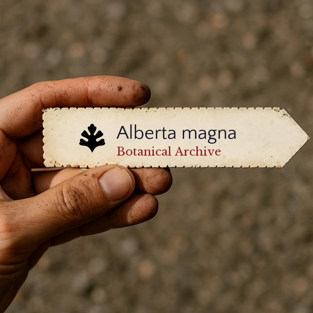 Etichetta plantare stampata per Alberta magna tenuta da una mano sporca con sfondo sfocato di terreno