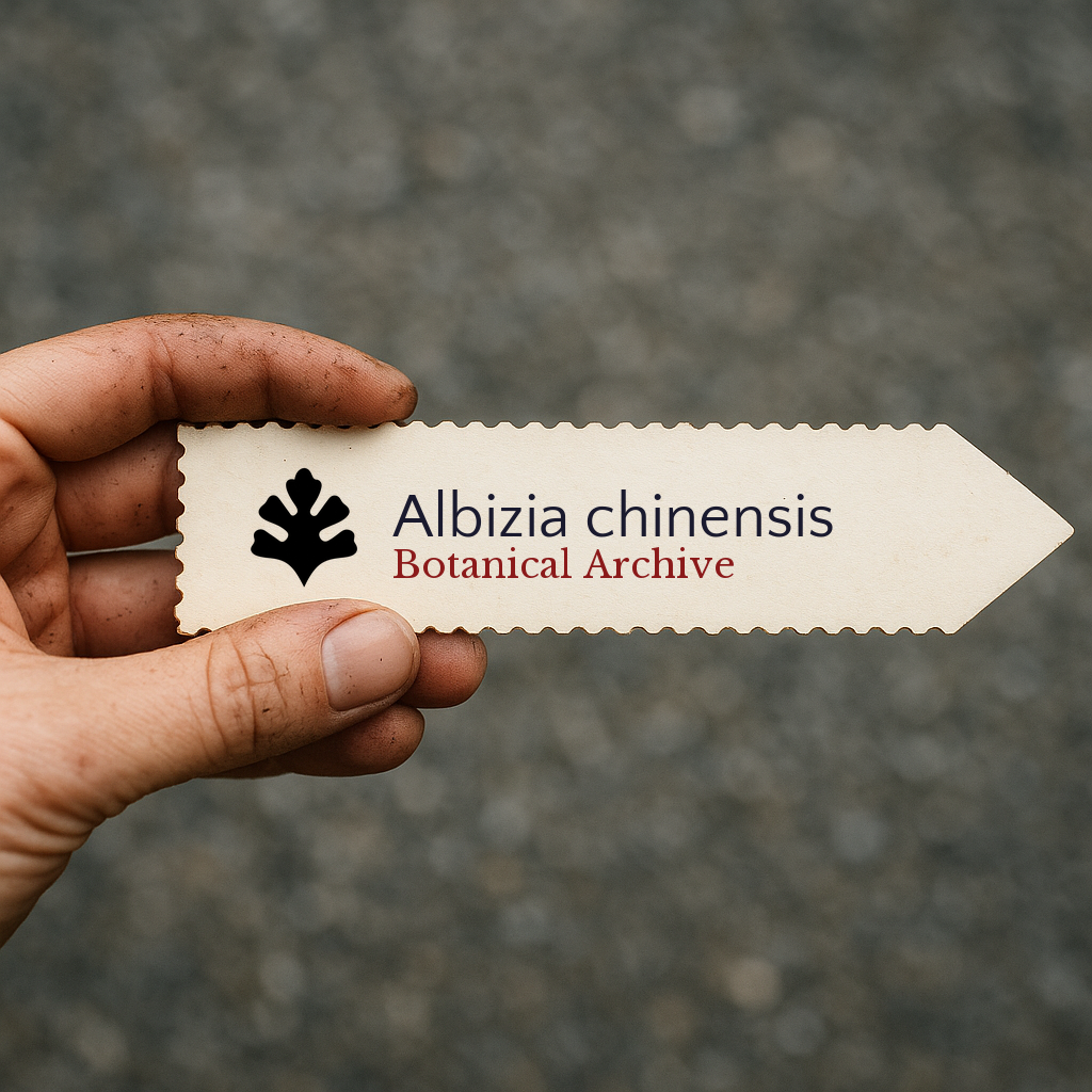 Printed plant label for Albizia chinensis with botanical archive logo held by hand