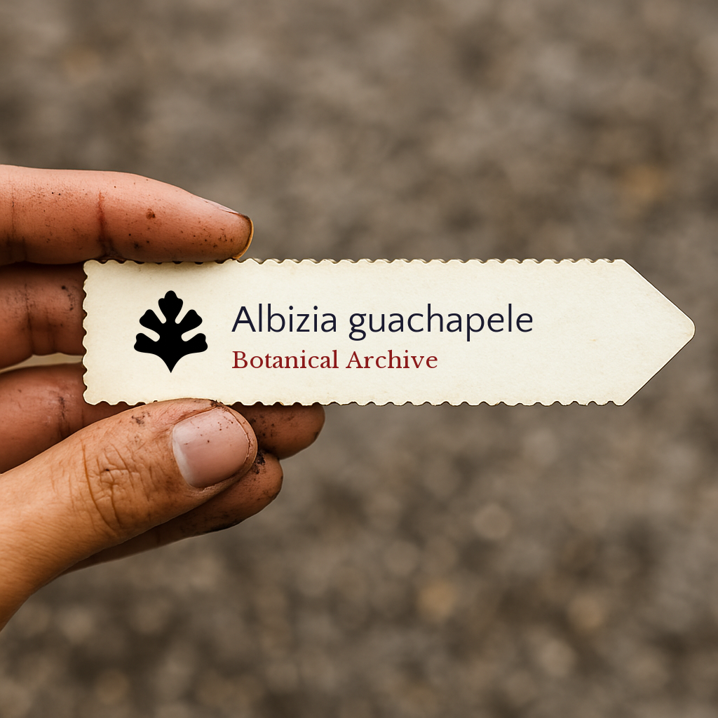 Etichetta vegetale stampata per Albizia guachapele tenuta a mano con sfondo di terra