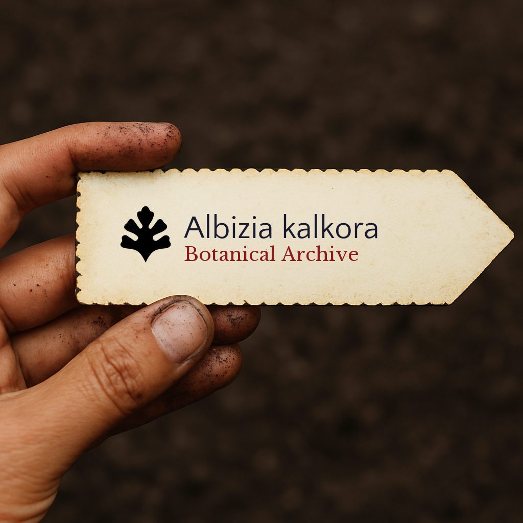 Etichetta per pianta stampata per Albizia kalkora tenuta a mano con sfondo di terra