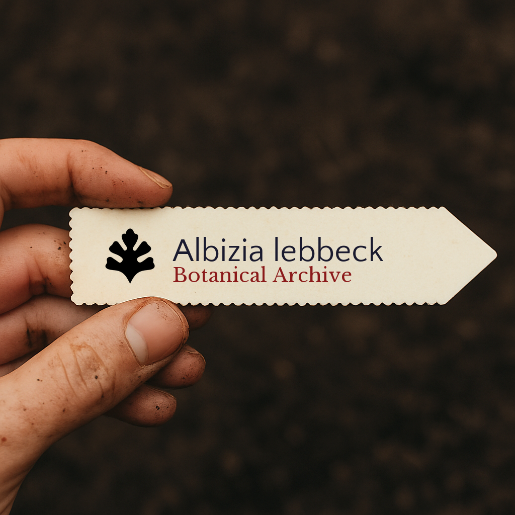 Printed plant label for Albizia lebbeck held over dark soil background