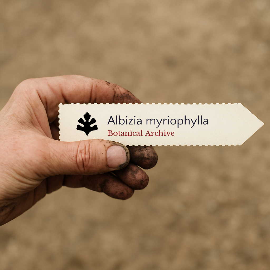 Etichetta stampata per pianta di Albizia myriophylla tenuta da una mano sporca all'aperto