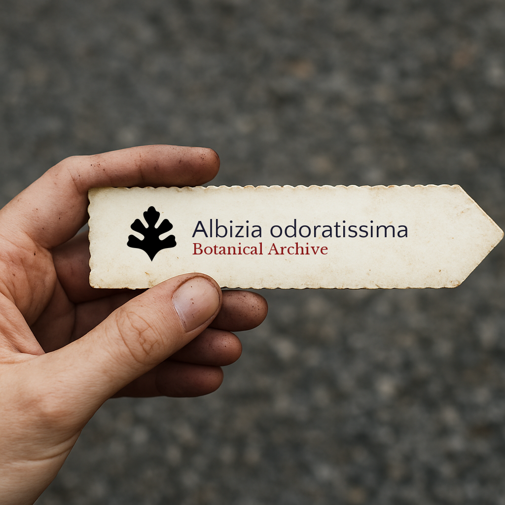 Etichetta stampata per pianta di Albizia odoratissima tenuta a mano con terra sulle dita