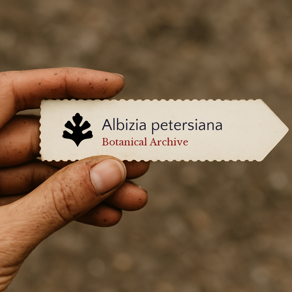 Etichetta per piante stampata per Albizia petersiana tenuta da una mano su sfondo di terra