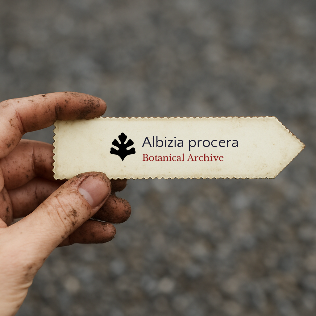 Etichetta stampata della pianta Albizia procera tenuta da una mano sporca con sfondo sfocato