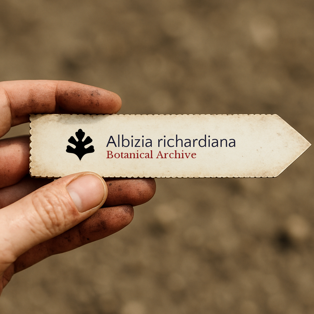 Etichetta stampata per pianta di Albizia richardiana tenuta da mano sporca all'aperto