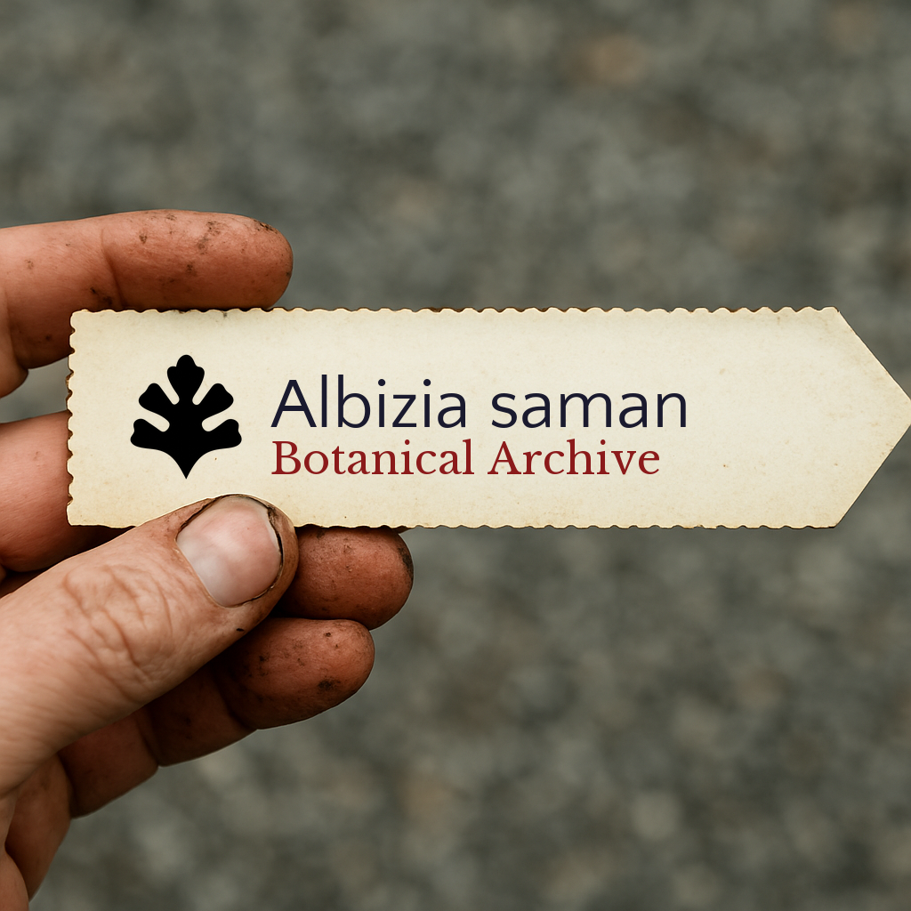 Printed plant label for Albizia saman held by a dirty hand against blurred background