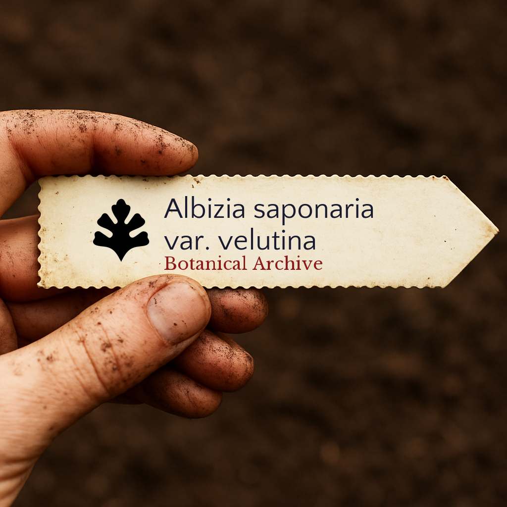 Etichetta per pianta stampata per Albizia saponaria var. velutina tenuta da una mano sporca su sfondo di terreno