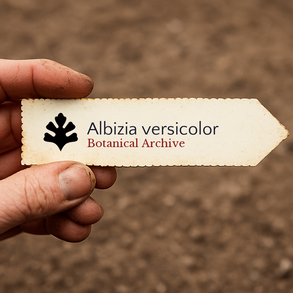 Etichetta stampata per pianta di Albizia versicolor tenuta in mano con sfondo di terreno
