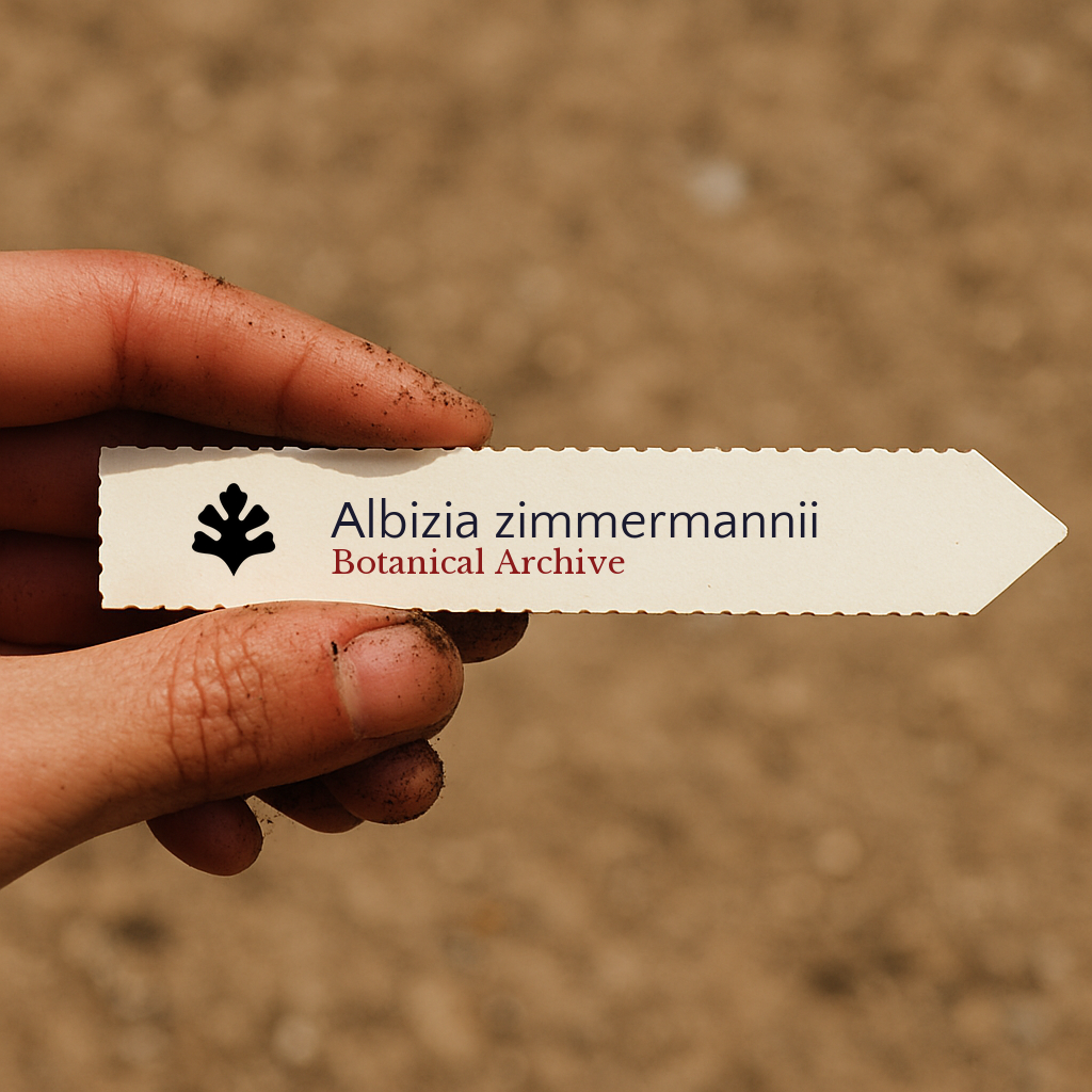 Printed plant label for Albizia zimmermannii held by hand with soil background