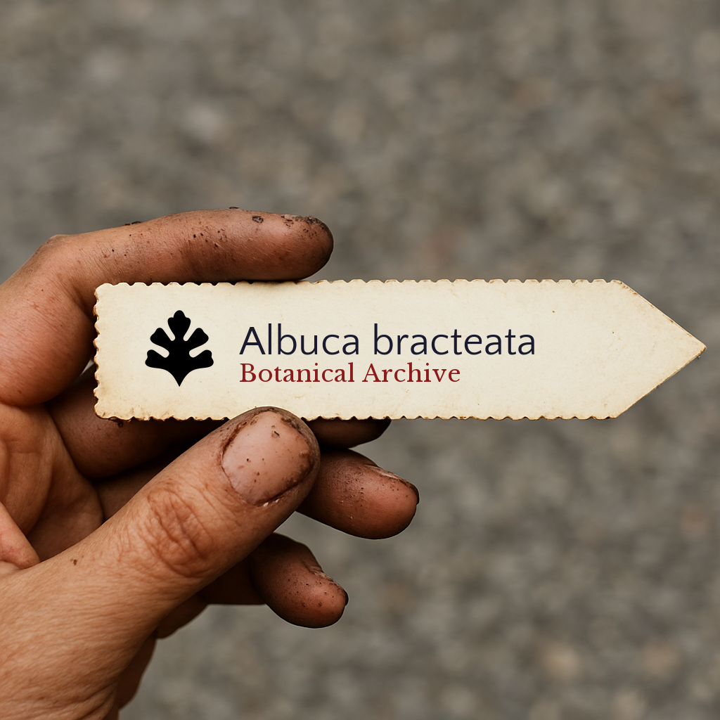 Printed plant label for Albuca bracteata held by dirty hand outdoors