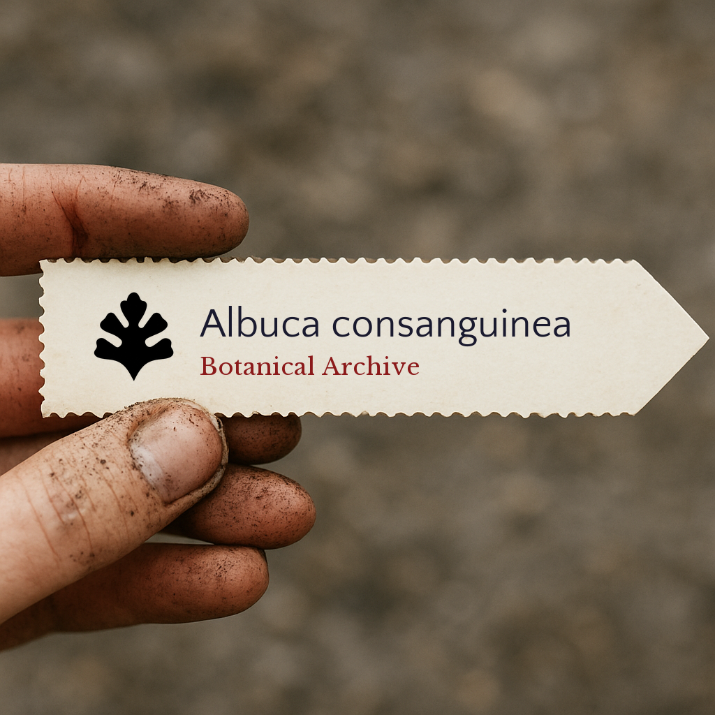 Printed plant label for Albuca consanguinea held by dirty hand outdoors