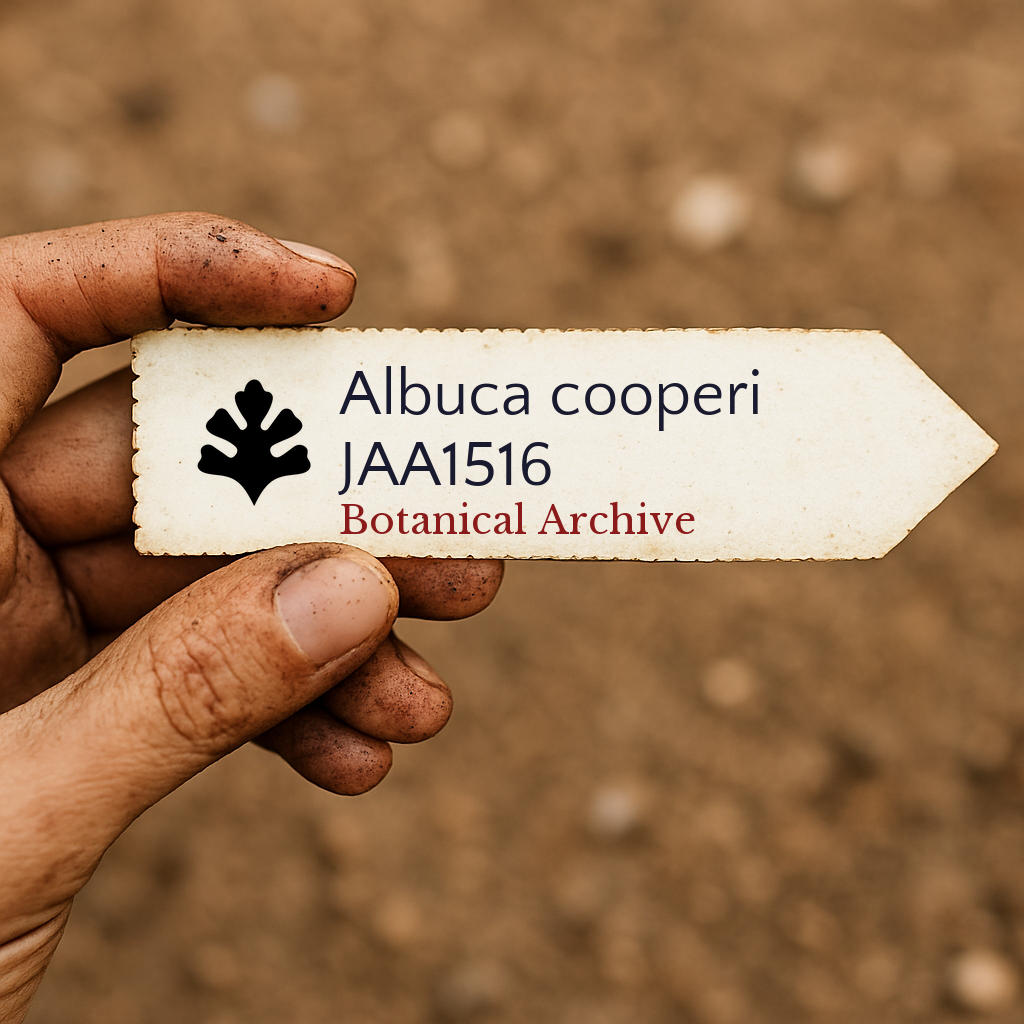 Printed plant label for Albuca cooperi held by dirty hand over soil background