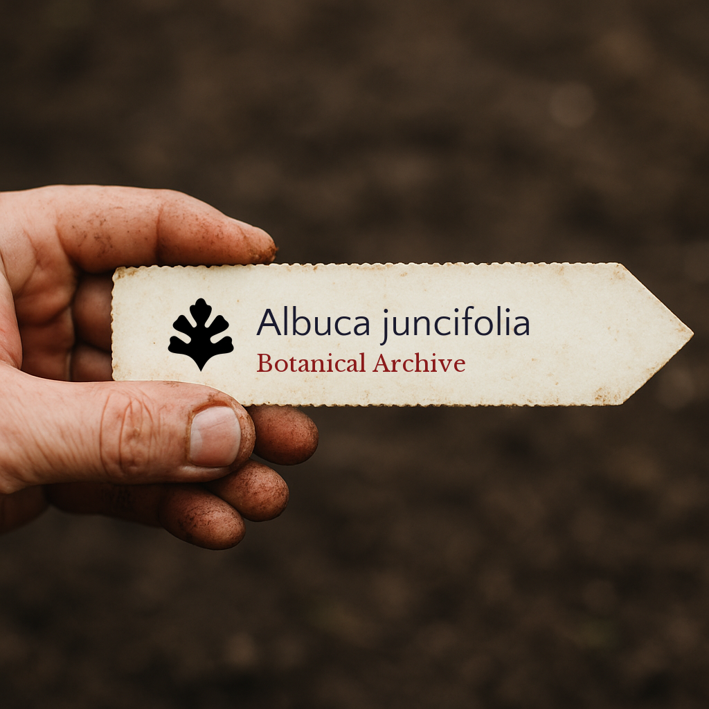 Etichetta per pianta stampata per Albuca juncifolia tenuta da mano sporca sullo sfondo di terra