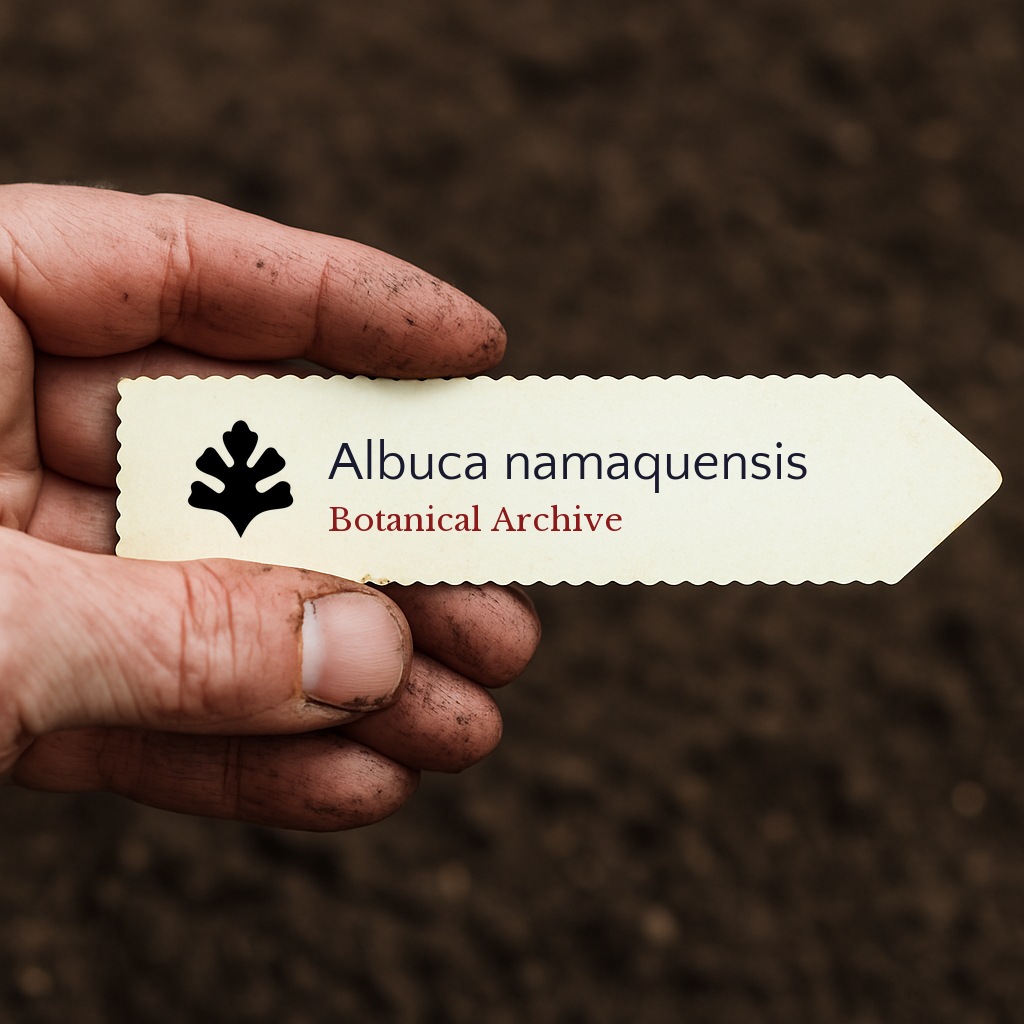 Etichetta stampata per pianta Albuca namaquensis tenuta da mano sporca su sfondo di terreno