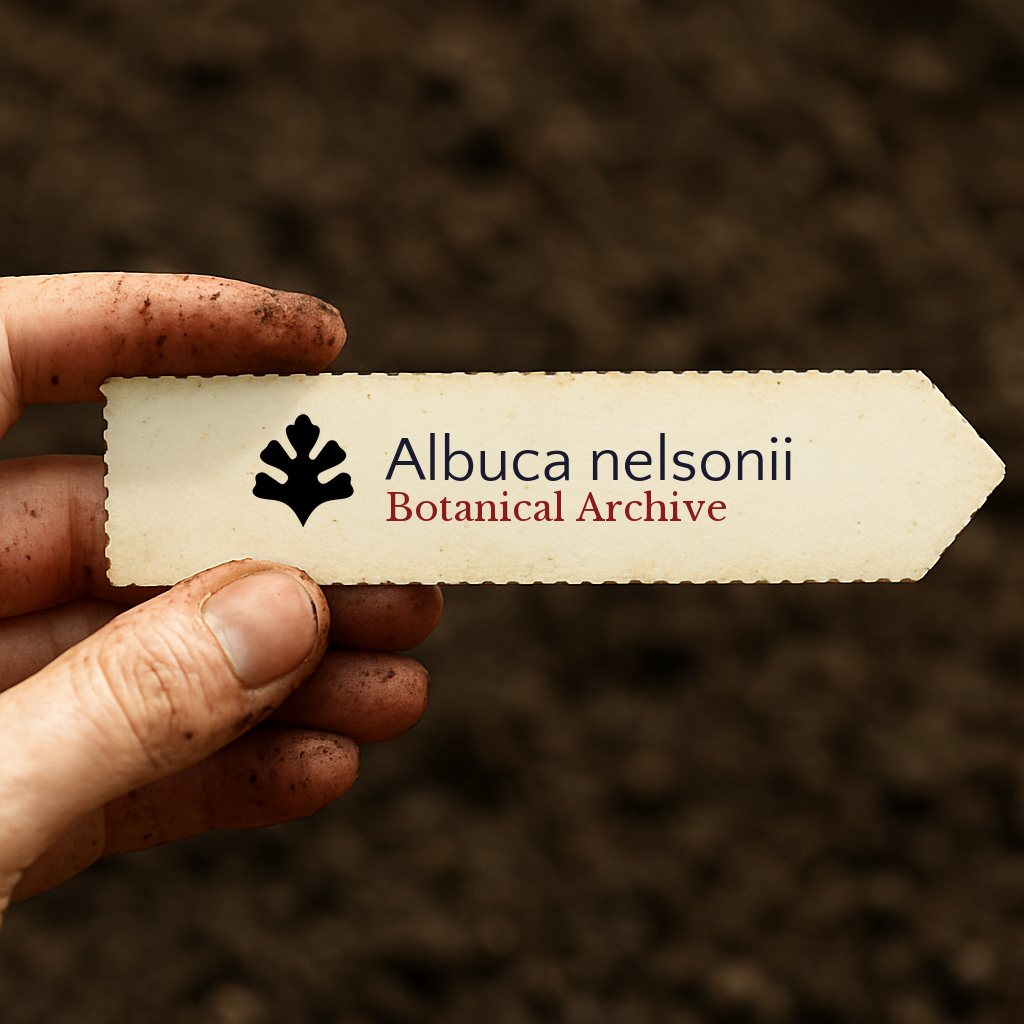 Printed plant label for Albuca nelsonii held by dirty hand over soil background