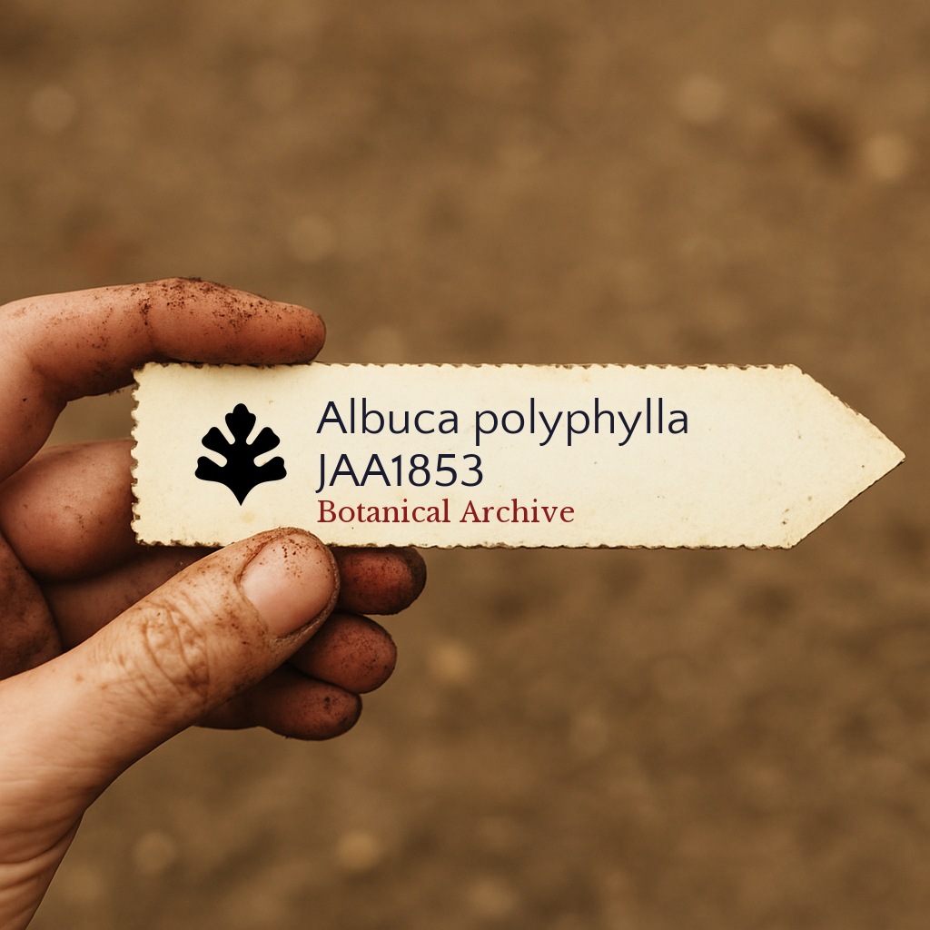 Printed plant label for Albuca polyphylla held by dirty hand against soil background