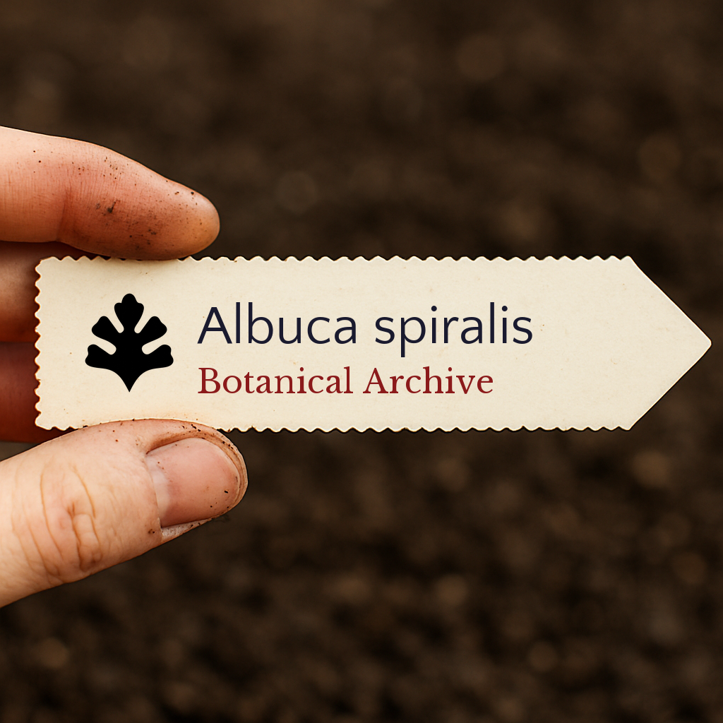 Printed plant label for Albuca spiralis held by hand over soil background