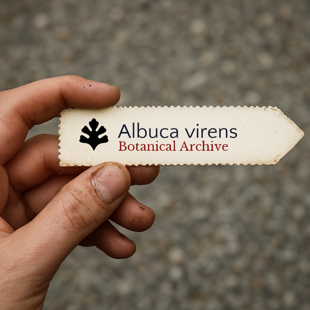 Printed plant label for Albuca virens with botanical archive logo held by hand