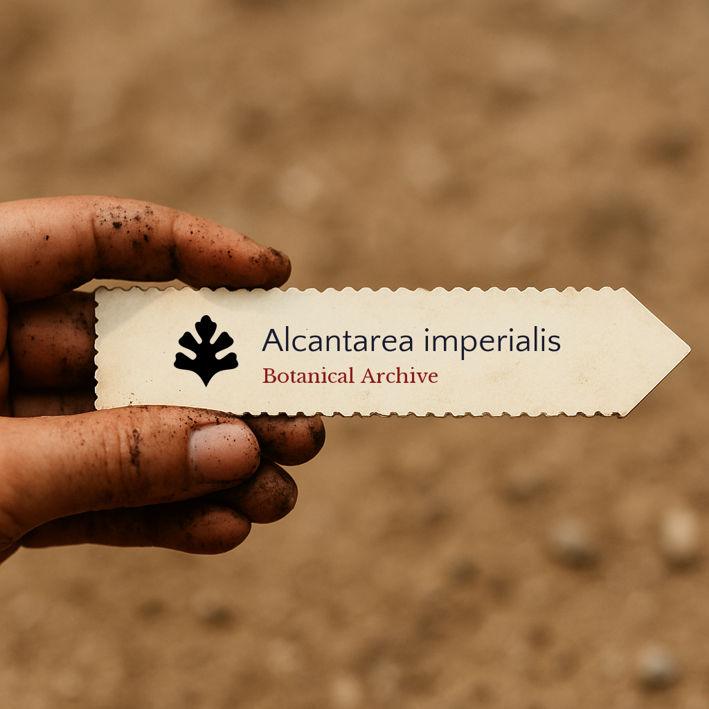 Etichetta vegetale stampata per Alcantarea imperialis tenuta da mano sporca su sfondo di terra