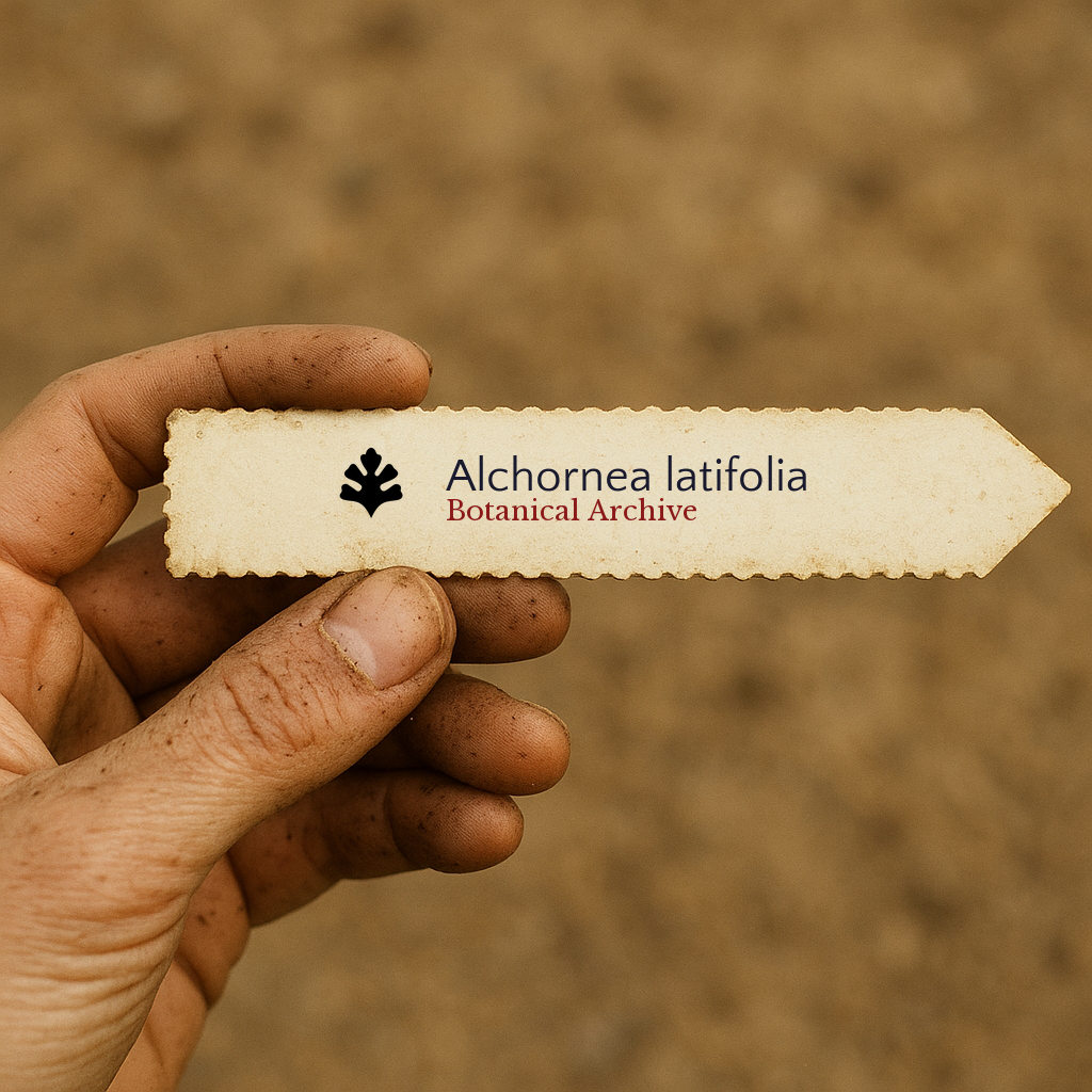 Printed plant label for Alchornea latifolia held by a hand with soil background