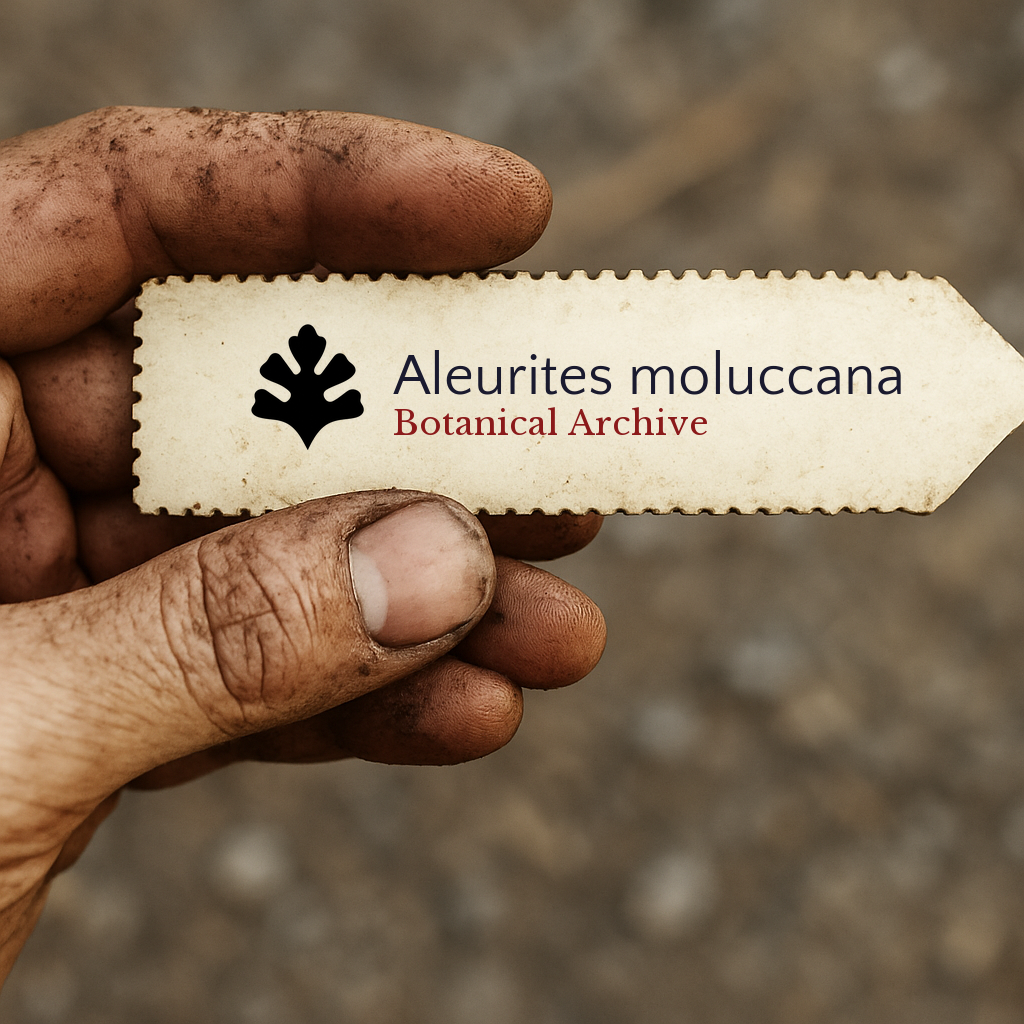 Etichetta vegetale stampata per Aleurites moluccana tenuta da mano sporca all'aperto