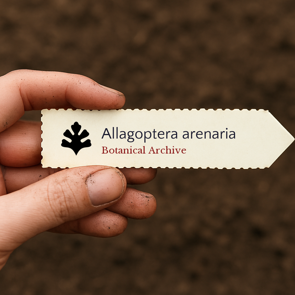 Printed plant label for Allagoptera arenaria held over soil background