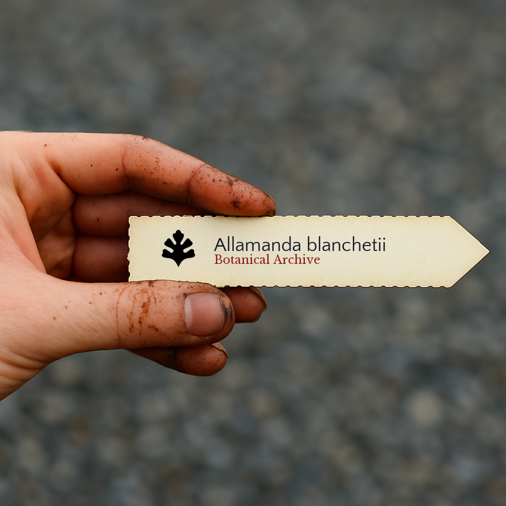 Etichetta per pianta stampata per Allamanda blanchetii tenuta da mano sporca all'aperto