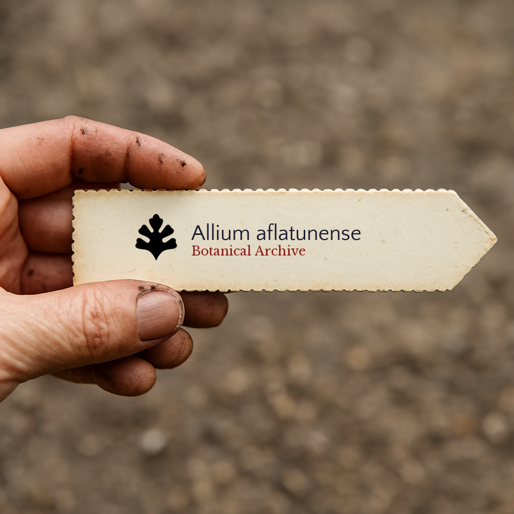 Printed plant label for Allium aflatunense held by dirty hand over soil background
