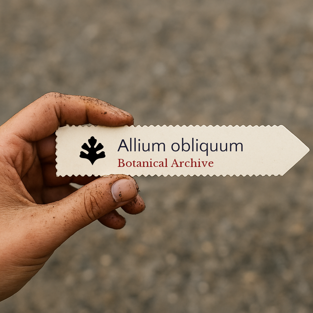 Printed plant label for Allium obliquum held by hand with soil on fingers