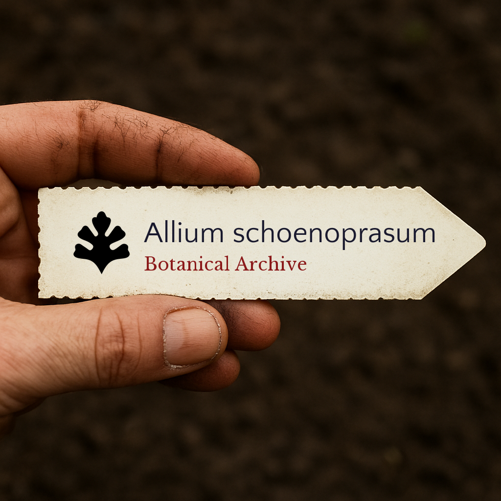 Etichetta stampata per piante di Allium schoenoprasum su sfondo di terreno