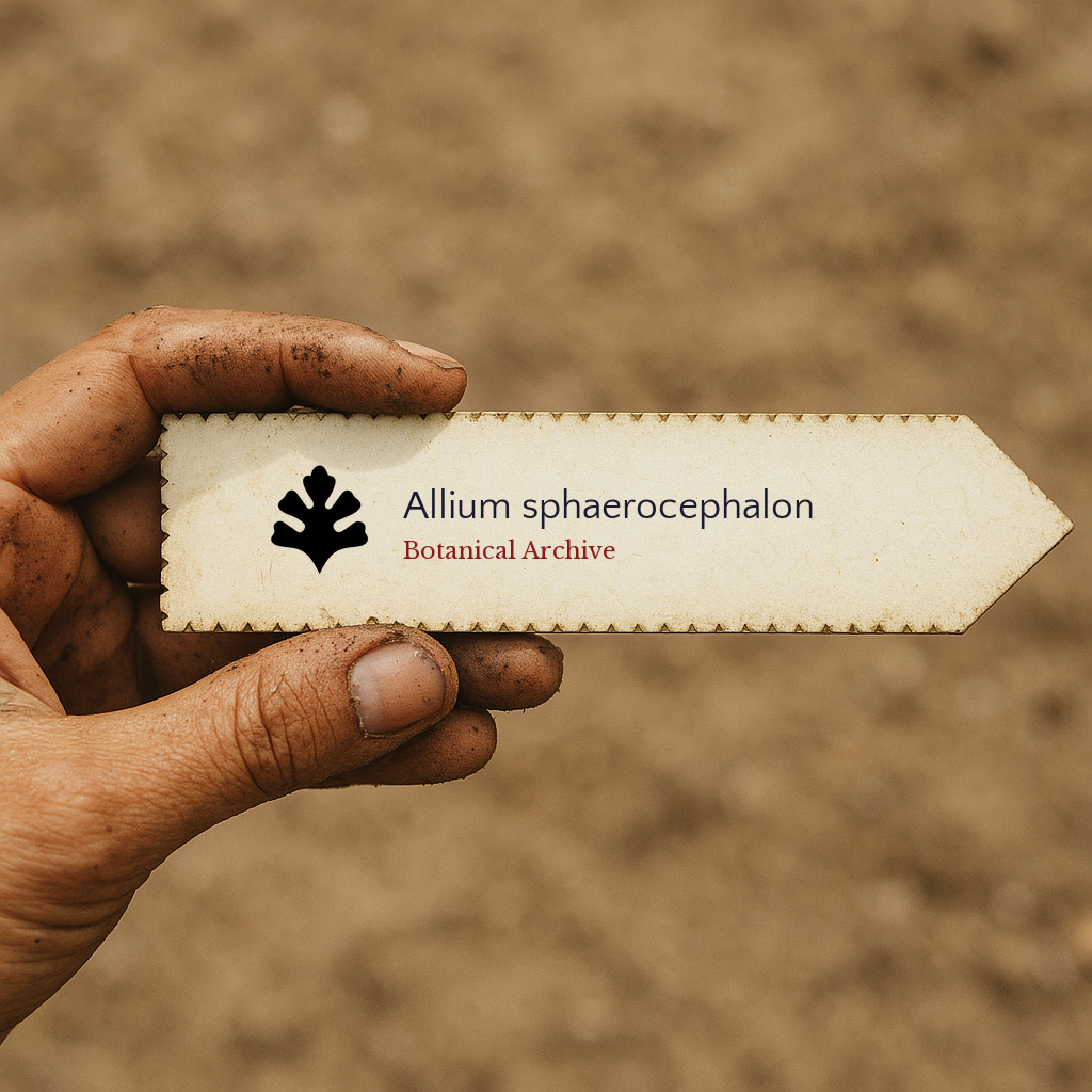Printed plant label for Allium sphaerocephalon held by dirty hand over soil background