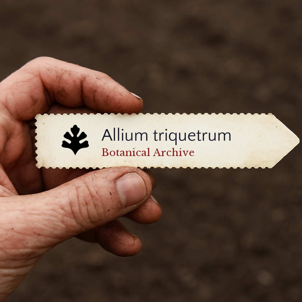 Etichetta stampata per pianta di Allium triquetrum tenuta da un giardiniere con sfondo di terreno